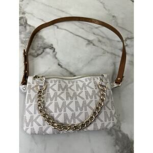 MICHAEL KORS Logo Chain Faux-Leather Belt Bag Fanny Pack Beige Brown 7.5”x5”